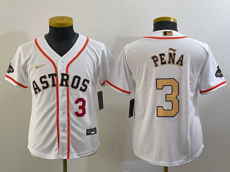 Youth Houston Astros #3 Jeremy Pena Number 2023 White Gold World Serise Champions Patch Cool Base Stitched Jerseys->mlb youth jerseys->MLB Jersey